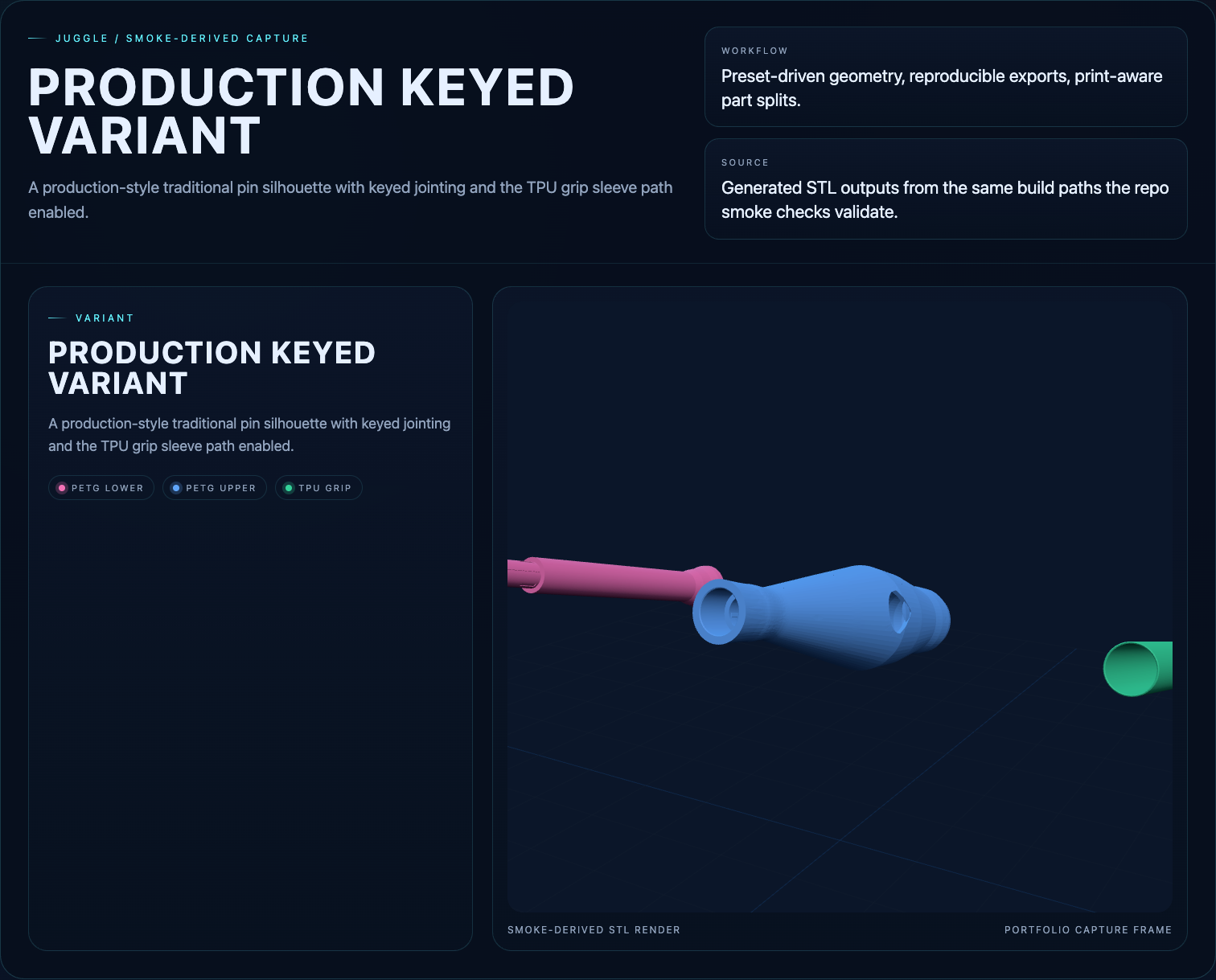 Juggle production keyed club variant rendered from generated STL exports