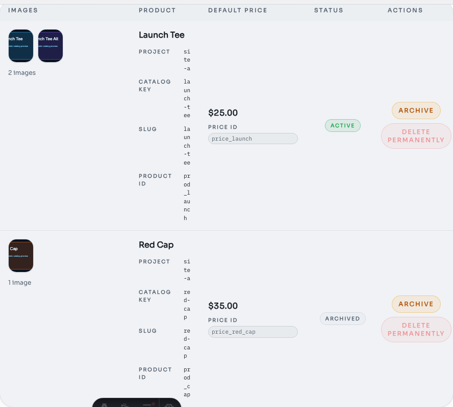 Natural Stripe powered product table inside the my-store dev catalog interface