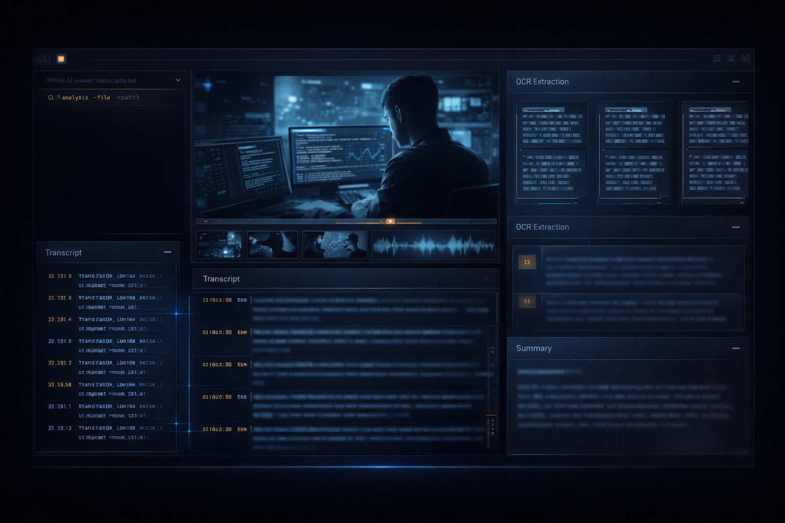 Newsscribe hero image showing an offline transcription and media-analysis workflow