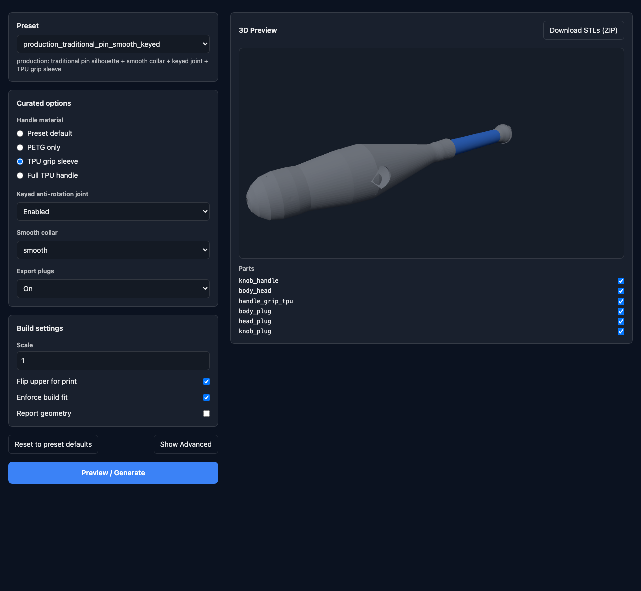WebJuggle builder showing a real generated juggling club preview with selected build options